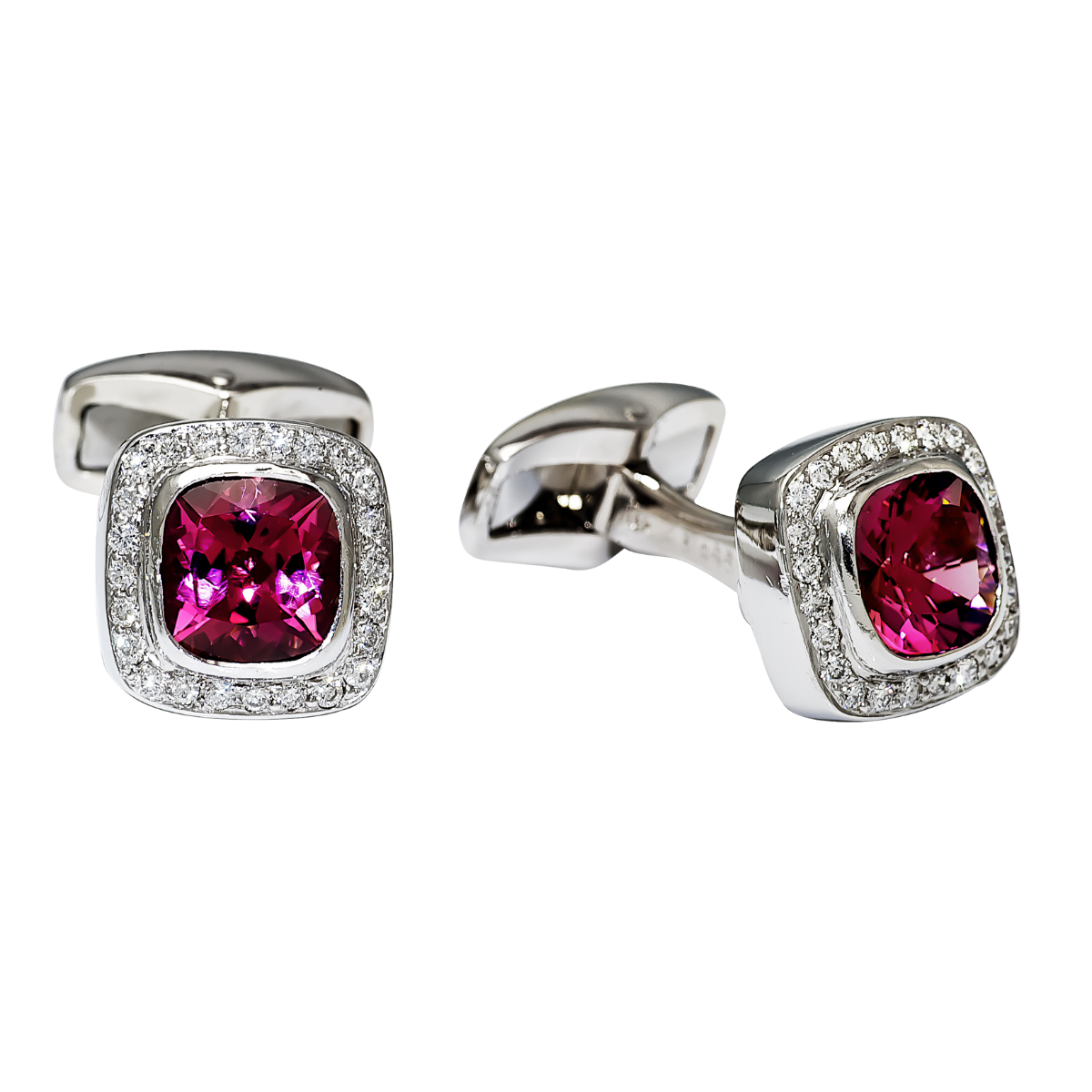 31985 Tsarina Swivel Back Pink Tourmaline and Diamond Cufflinks Designed & Handmade by Kaufmann de Suisse in 18kt White Gold featuring 2 Cushion Cut Pink Tourmalines weighing a total of 4.00cts an