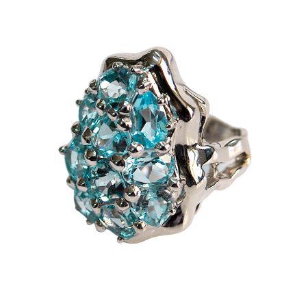 40196 Blue Topaz Wave Ring Designed & Handmade by Kaufmann de Suisse in 18kt White Gold featuring 10 Mixed Cut Light Blue Topaz weighing a total of 9.82cts