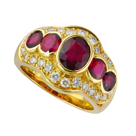 10633 Classic 5 Stone Ruby and Diamond Ring Designed & Handmade by Kaufmann de Suisse in 18kt Yellow Gold featuring 5 Oval No Heat Rubies weighing a total of 2.46cts and 26 Round Brilliant cut FVV