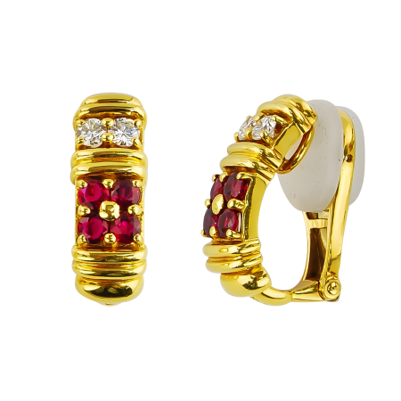 11514 Classic Ruby & Diamond Rectangular Clip On Huggies Designed & Handmade by Kaufmann de Suisse in 18kt Yellow Gold featuring 8 Round No Heat Rubies weighing a total of 1.59cts and 4 Round Bril