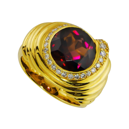 13761 Bezel Set Rhodolite and Diamond Ring, Handmade in 18k Yellow Gold with a Round 5.95 Carat Rhodolite and 27 Round Diamonds Weighing .20 Carats Total