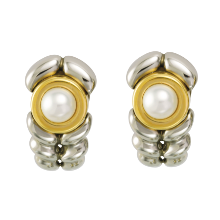 14220 Double Flowing Lines Cultured Pearl Earrings, Handmade in 18k White and Yellow Gold with 2 7mm Cultured Pearls