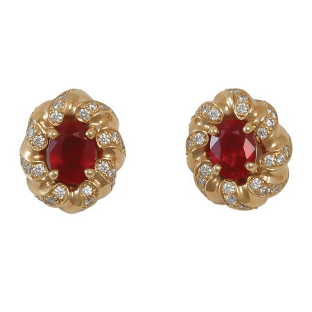 16164 Flowing Lines Ruby & Diamond Earrings Designed & Handmade by Kaufmann de Suisse in 18kt Yellow Gold featuring two No Heat Oval Rubies weighing 3.38cts total and 48 round Brilliant