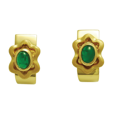 16235 Callista Clip On Earrings Designed & Handmade by Kaufmann de Suisse in 18kt Yellow Gold featuring 2 Oval Cabochon Cut Columbian Emeralds weighing a total of 1.01cts