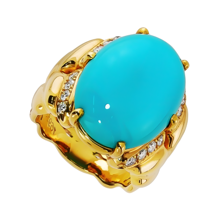 16958 Double Flowing Lines Turquoise Ring, Handmade in 18k Rose Gold with 1 Oval Turquoise Weighing 15.20 Carats and 16 Round Diamonds Weighing .45 Carats Total