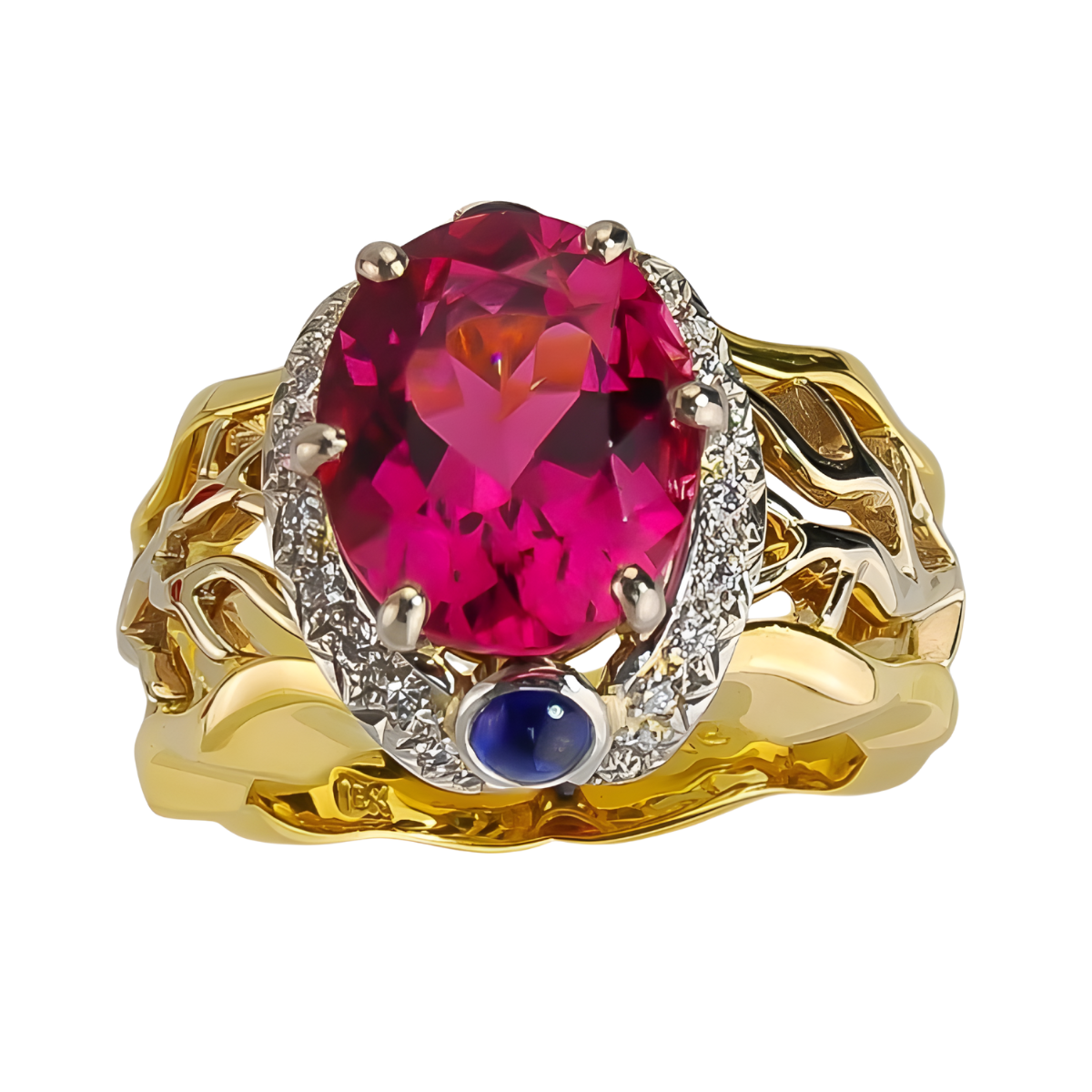 17161 Open Flowing Lines Pink Tourmaline Ring Designed & Handmade by Kaufmann de Suisse in 18kt Yellow Gold & Platinum featuring one Oval Pink Tourmaline weighing 4.69cts, 2 Round Cabochon Cut Blu