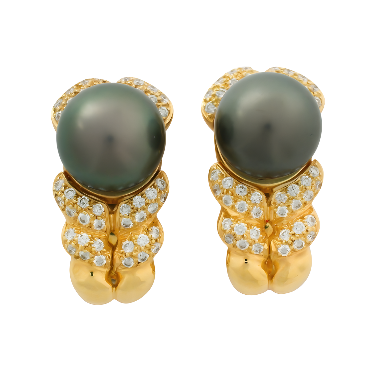 17465 Flowing Lines Tahitian Pearl Earrings Designed & Handmade by Kaufmann de Suisse in 18kt Yellow Gold featuring 2 Black Tahitian Pearls measuring 11.4mm and mounted with 88 round Brilliant Cut