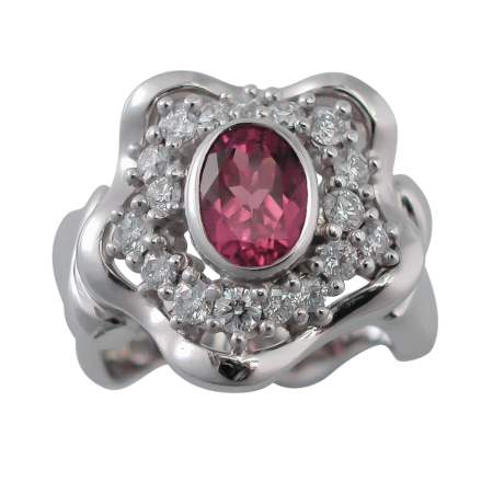 18535 Pink Tourmaline and Diamond Wave Ring Designed & Handmade by Kaufmann de Suisse in 18kt White Gold featuring 1 Pink Tourmaline weighing 1.34cts and 17 Round Brilliant Cut FVVS Quality Diamon