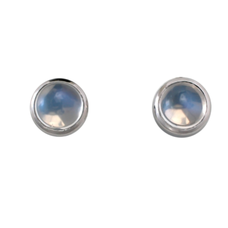 18900 Moonstone Earrings, Handmade in 18k White Gold with 2 Round Bezel Set Moonstones Measuring 2.8mm Wide and Weighing 1.55 Carats Total