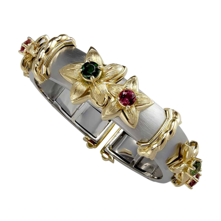19389 Jasmin de Nuit Callista Clip Bangle Designed & Handmade by Kaufmann de Suisse in 18kt Yellow Gold & Stainless Steel featuring 3 Round Pink Tourmalines weighing a total of 1.50cts and 3 Round