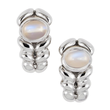 20934 Double Flowing Lines Moonstone Earrings, Handmade in 18k White Gold with 2 Moonstones Weighing 6.00 Carats Total