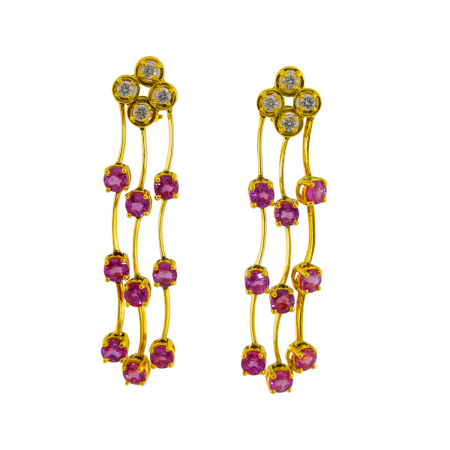 21934 Triple Cascade Pink Sapphire Dangle Drop Earrings Designed & Handmade by Kaufmann de Suisse in 18kt Yellow Gold featuring 8 Round Brilliant