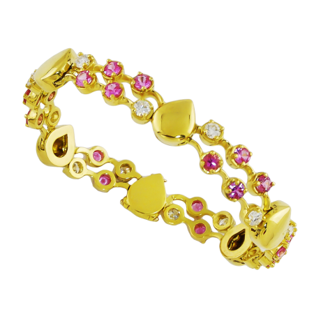 22109 Double Cascade Lace Bracelet Designed & Handmade by Kaufmann de Suisse in 18kt Yellow Gold featuring 20 Round Pink Sapphires weighing a total of 4.07cts and 12 Round Brilliant cut Diamonds w