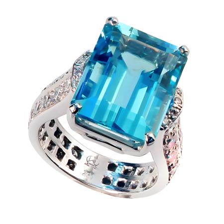 22835 Aquamarine and Diamond Cathedral Ring, Handmade in 18k White Gold with an Emerald Cut Aquamarine Weighing 12.30 Carats and 48 Round Diamonds Weighing 1.73 Carats Total