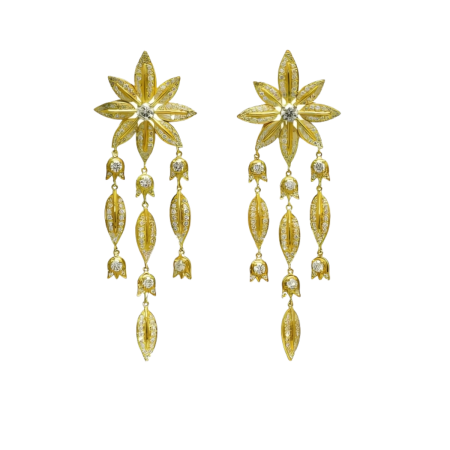 23070 Designer Yellow Gold & Diamond Feuille Chandellier Earrings Designed & Handmade by Kaufmann de Suisse in 18kt Yellow Gold featuring 352 Brilliant Cut GVVS Quality Diamonds weighing a total o