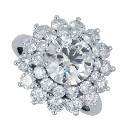23409 Luxury Diamond Double Halo Diamond Ring Handmade in 18k White Gold with a Center Round Diamond Weighing 2.03 Carats and 41 Round Side Diamonds Weighing .67 Carats Total