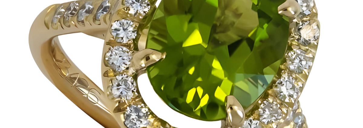 23426 Peridot and Diamond Ring, Handmade in 18k Yellow Gold with an Oval Peridot Weighing 2.77 Carats and 30 Round Diamonds Weighing .60 Carats Total