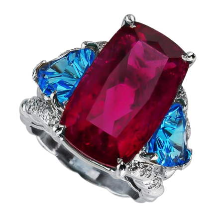23441 Split Shank Thin Double Flowing Lines 3 Stone Blue Topaz and Diamond Ring Designed and Handmade by Kaufmann de Suisse in Platinum featuring one Cushion Cut 36.81cts Blue Topaz flanked (1)