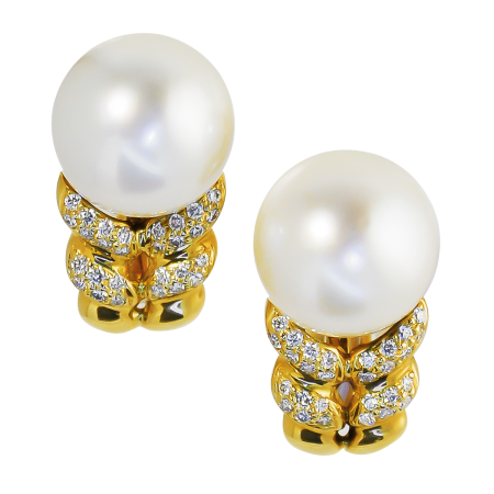 30181 Double Flowing Lines South Sea Pearl and Diamond Earrings Designed & Handmade by Kaufmann de Suisse in 18kt Yellow Gold featuring 2 South Sea Pearls measureing 13.5mm each and 56 Round Brill