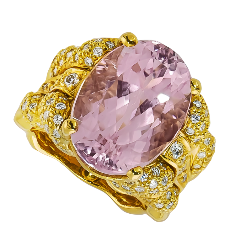 30757 Flowing Lines Kunzite and Diamond Ring, Handmade in 18k Yellow Gold with 1 Oval Kunzite Ring Weighing 23.15 Carats and 10 Round Diamonds Weighing 1.00 Carat Total