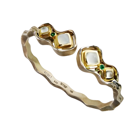40903 Jardins de la Mer Blue Chalcedony & Tsavorite Clip Bangle Bracelet Designed & Handmade by Kaufmann de Suisse in 18kt Yellow Gold and Argentium featuring 2 Cabochon Cushion cut Blue Chalcedon