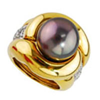 Designer Tahitian Pearl & Diamond Yellow Gold & Platinum Ring - Image 2