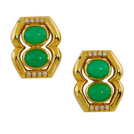 9800 Chrysophrase & Diamond Clip on Earrings Designed & Handmade by Kaufmann de Suisse in 18kt Yellow Gold featuring 4 Oval Chrysophrase weighing a total of 1.60cts and 27 Round Brilliant Cut FVVS