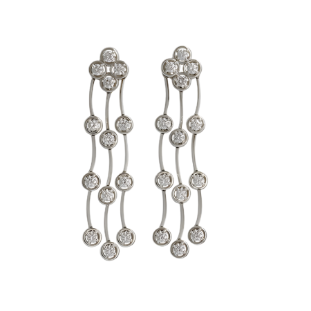 23444 2 Triple Row Cascade Diamond Dangle Earrings, Handmade in 18k White Gold with 26 Round Diamonds (G VS) Weighing 3.90 Carats Total