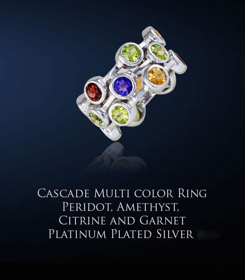 Cascade Multi Gemstone Ring with Platinum Plating