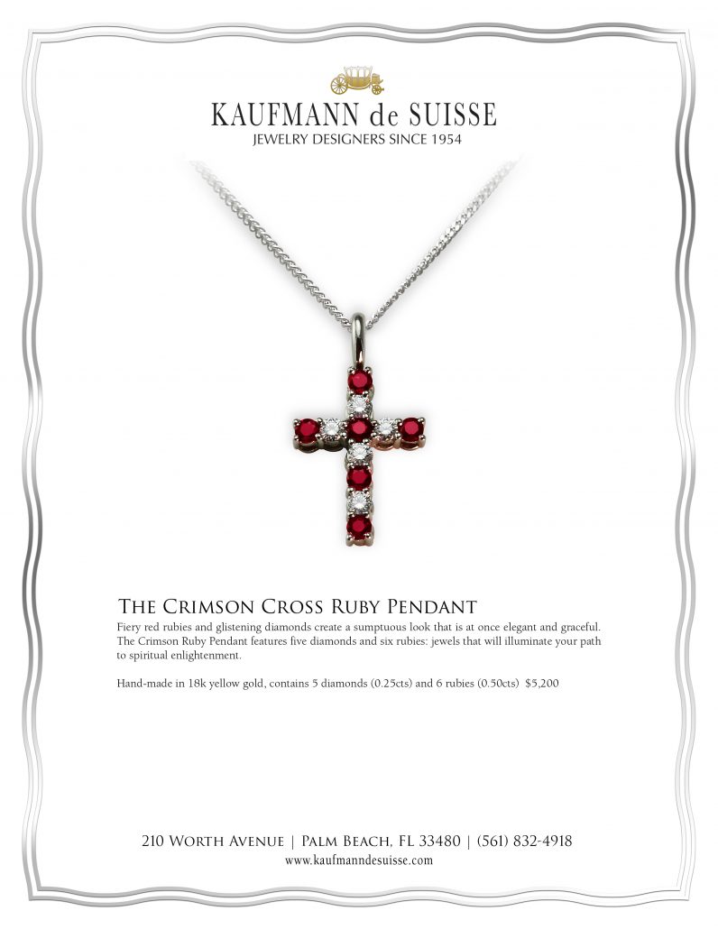 The Crimson Cross Ruby Pendant Crimson Ruby Pendant features five diamonds and six rubies: jewels that will illuminate your path to spiritual enlightenment.