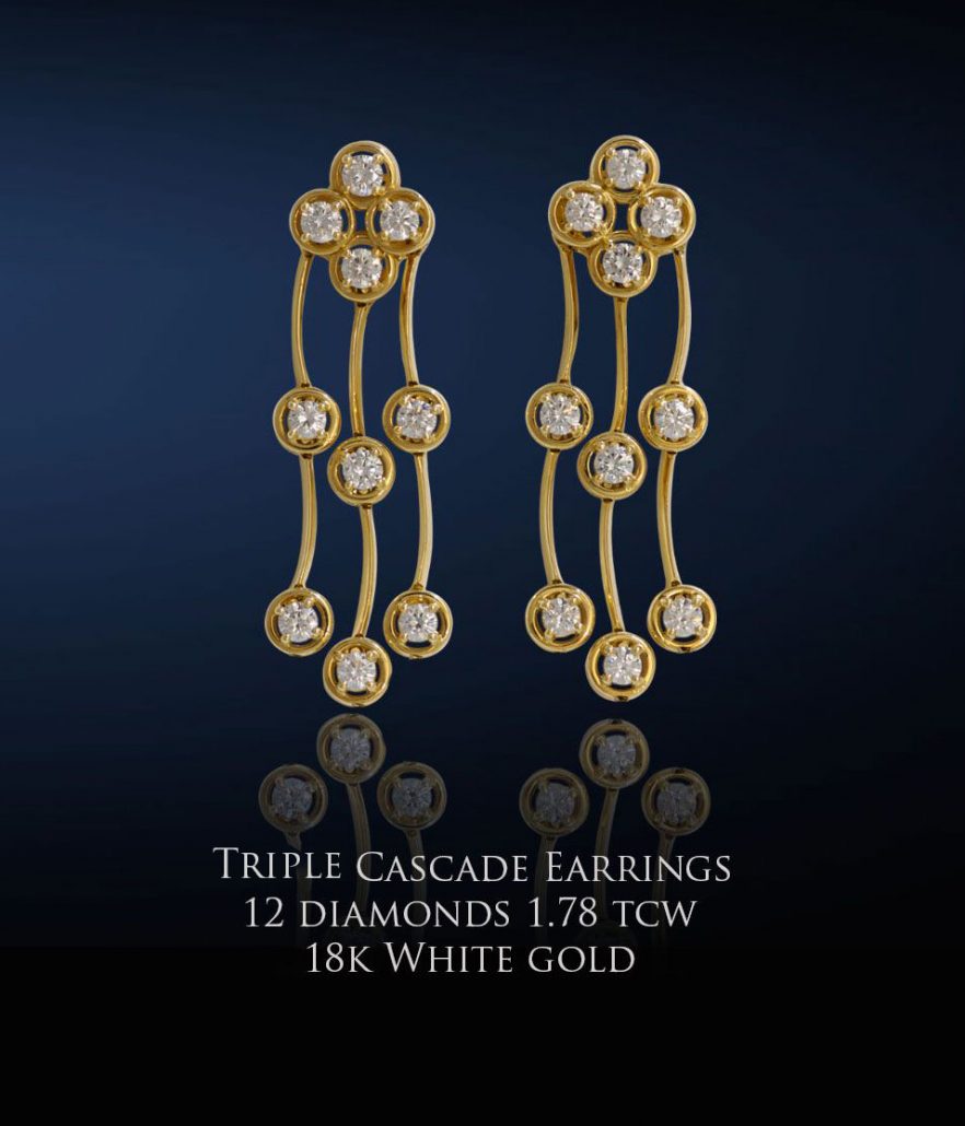 Triple Cascade Diamond Earrings in Yellow Gold