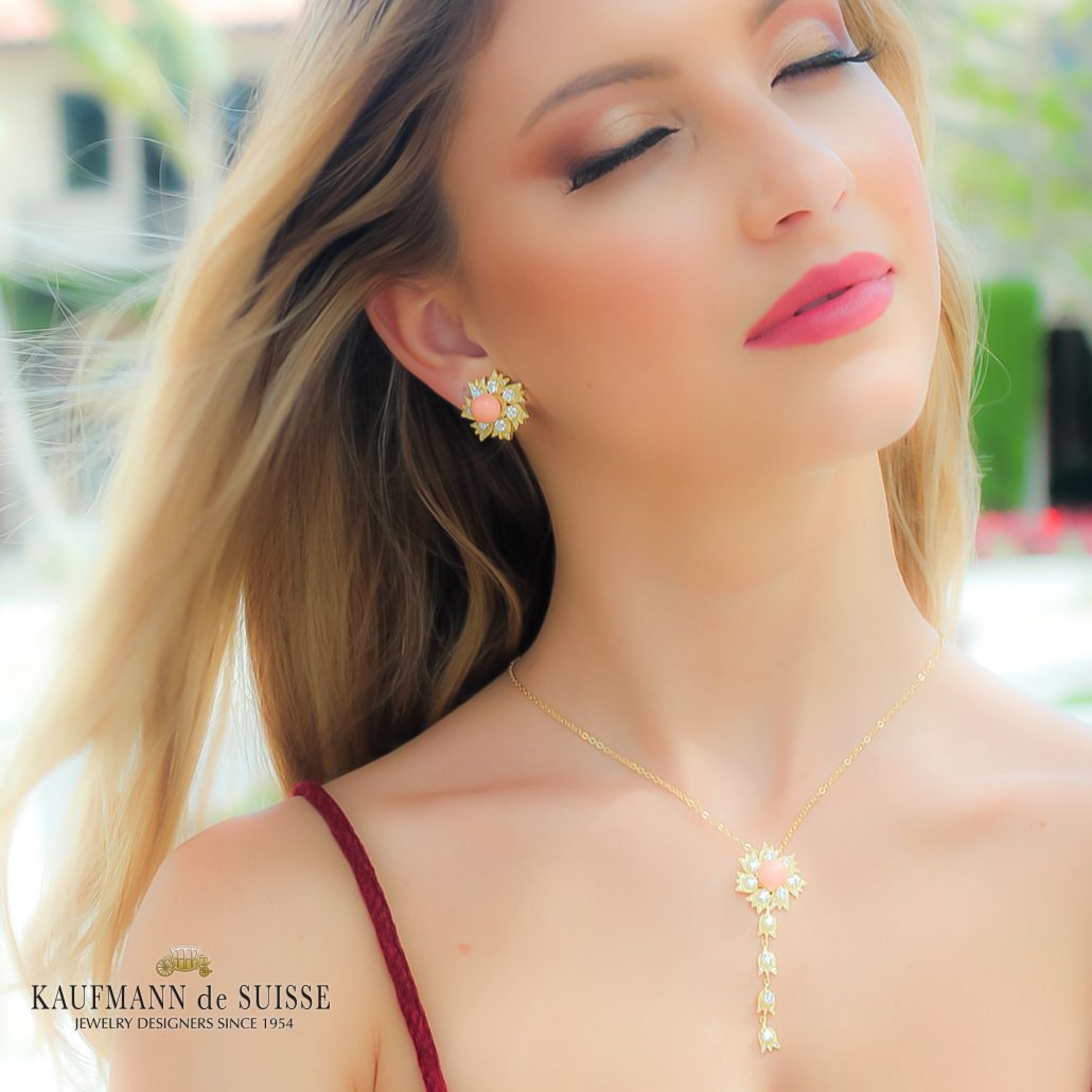 18K Diamond and Angel Skin Coral Necklace and Earrings