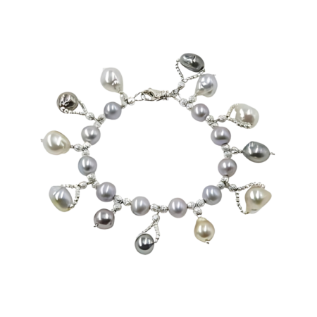 24042 Grey Freshwater Pearl Bracelet With Multicolored South Sea Pearl Drops Beautifully Accented With Diamond Cut Sterling Silver Beads Includes a Certificate of Guarantee