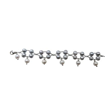 24140 Pentagon Shape Freshwater Grey Pearl Bracelet with White Pearl DropsBeautifully Accented With Diamond Cut Sterling Silver BeadsIncludes a Certificate of Guarantee
