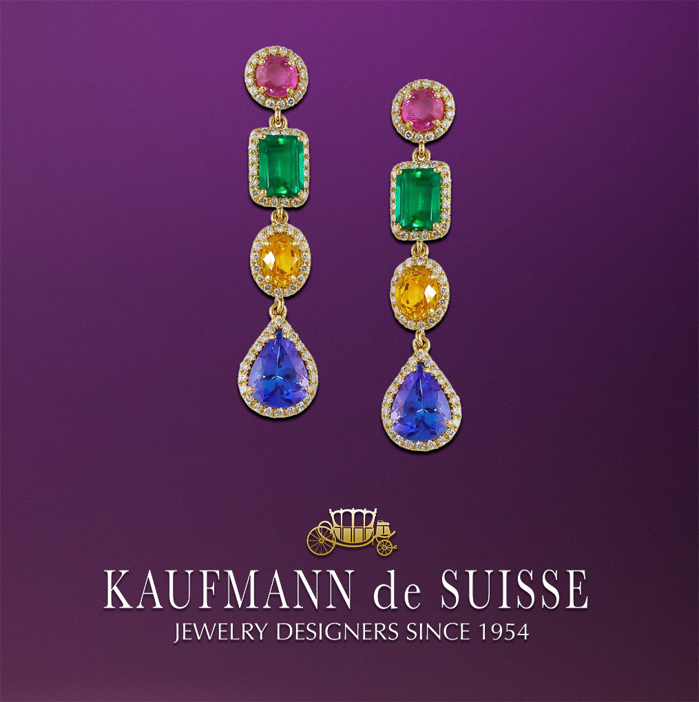18K Sapphire, Emerald and Tanzanite Earrings