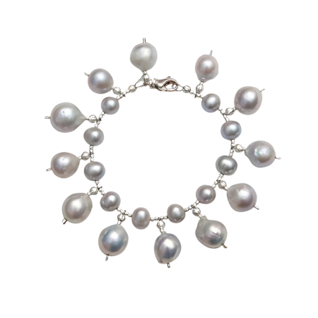 23934 Grey Freshwater Pearl Bracelet with Grey Pearl DropsBeautifully Accented With Diamond Cut Sterling Silver Beads