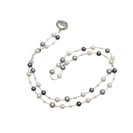 23995 Grey, White & Black Dyed Pearl Wrap Bracelet with Coin Pearl ClosureBeautifully Accented With Diamond Cut Sterling Silver Beads