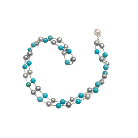 24006 Grey, Black Dyed Pearls & Turquoise Wrap BraceletBeautifully Accented With Diamond Cut Sterling Silver Beads
