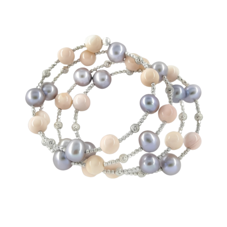 24057 Freshwater Grey Pearls With Coral Beads Spiral Bracelet White GoldBeautifully Accented With Diamond Cut Sterling Silver Beads