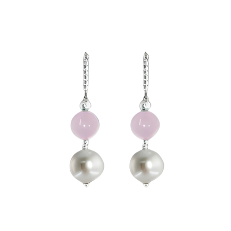 24394 Rose Quartz and Freshwater White Pearl EarringsBeautifully Accented With Diamond Cut Sterling Silver Beads