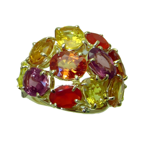 23263 Multi Colored Stone Ring Designed and Handmade by Kaufmann de Suisse in 18kt Yellow Gold featuring 3 Oval Yellow Sapphires weighing 3.08cts, 2 Oval Pink Tourmalines weighing