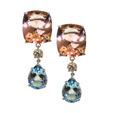 23652 Morganite, Diamond & Aquamarine Dangle Drop Earrings Designed & Handmade by Kaufmann de Suisse in 18kt White Gold featuring a Pair of Cushion Cut Morganites weighing a total of 35.91cts 2 Ro