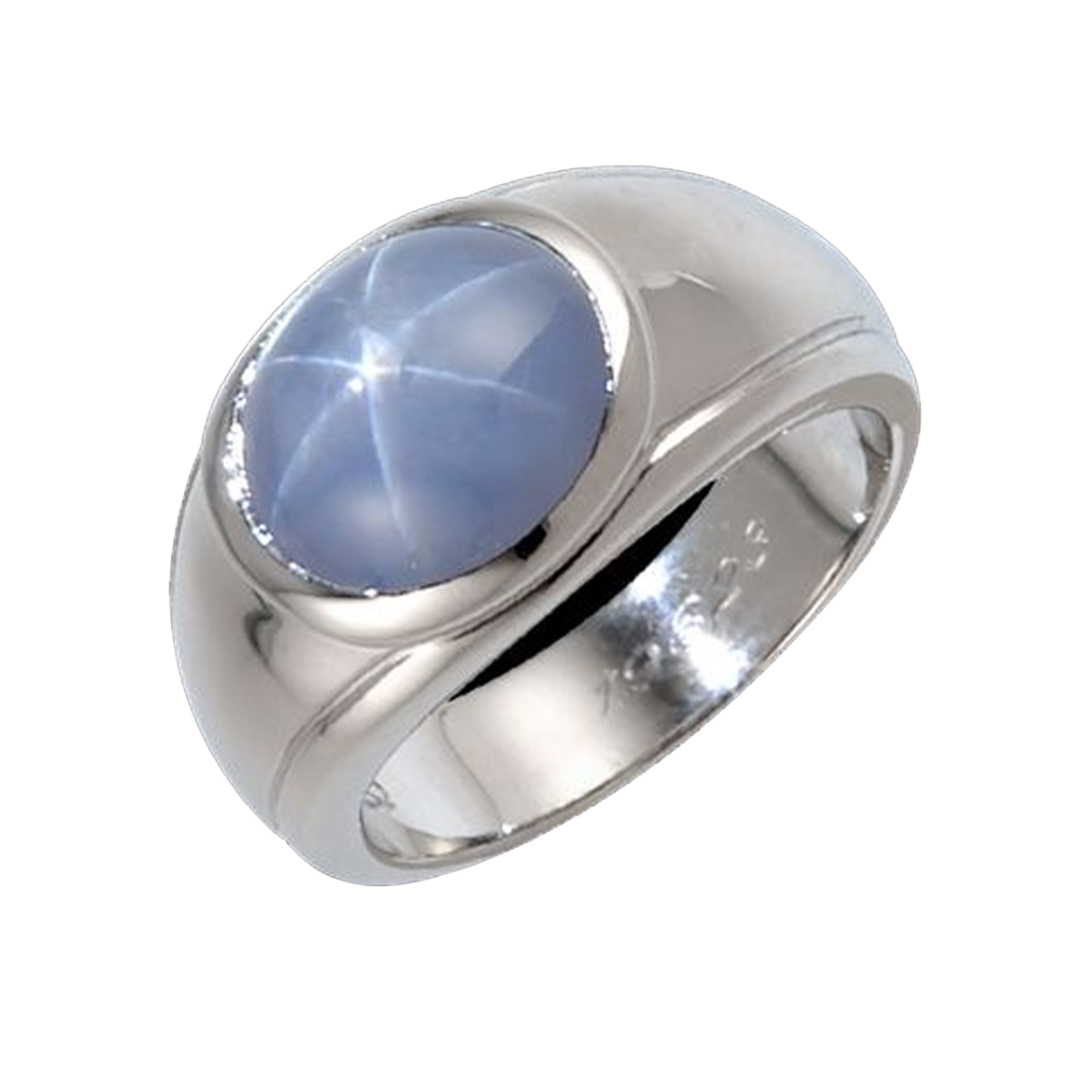 23880 Classic Gent's Star Sapphire & Diamond Ring Designed & Handmade by Kaufmann de Suisse in 18kt White Gold featuring one 13.55cts Oval Diffusion Treated Star Sapphire flanked by 2 Straight Bag