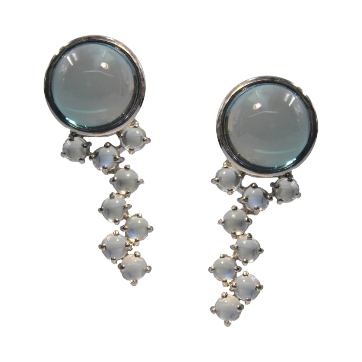 24148 Blue Topaz Cabochon & Moonstone Drop Clip Earrings Designed & Handmade by Kaufmann de Suisse in 18kt White Gold featuring 2 Cabochon Cut Round Blue Topaz weighing a total of 20.83cts and 16