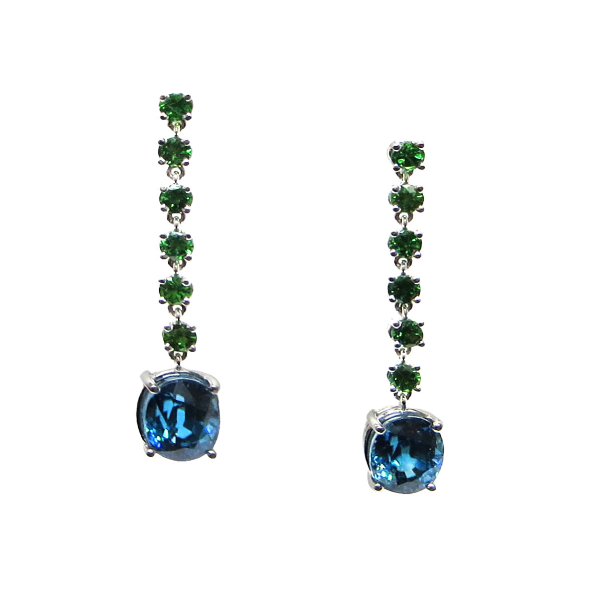 24271 Tsavorite & Blue Zircon White Gold Dangle Drop Earrings Designed and Handmade by Kaufmann de Suisse in 18kt White Gold featuring 2 Oval Cut Blue Zircons weighing a total of 8.38cts and 12 Ro
