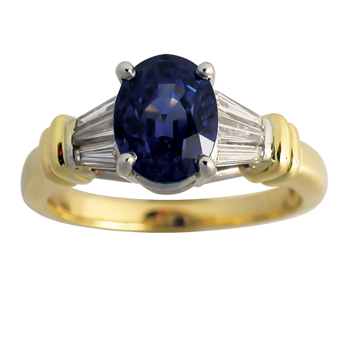 10587 Classic Blue Sapphire and Diamond Ring Designed & Handmade by Kaufmann de Suisse in 18kt Yellow Gold and Platinum featuring one Oval cut No Heat 2.40cts Ceylong Sapphire flanked by 6 FVVS Qu
