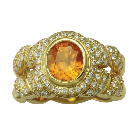 14879 Double Flowing Lines Sapphire Ring Designed & Handmade by Kaufmann de Suisse in 18kt Yellow Gold featuring one 3.07cts Orange Yellow Sapphire and mounted with 92 Round Brilliant Cut FVVS Qua