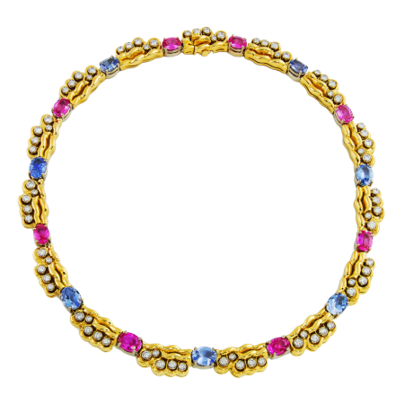 17817 Pastel Pink and Blue Double Flowing Lines Sapphire & Diamond Necklace Designed & Handmade by Kaufmann de Suisse in 18kt White and Yellow Gold featuring 8 Oval Pink Sapphires weighing a total