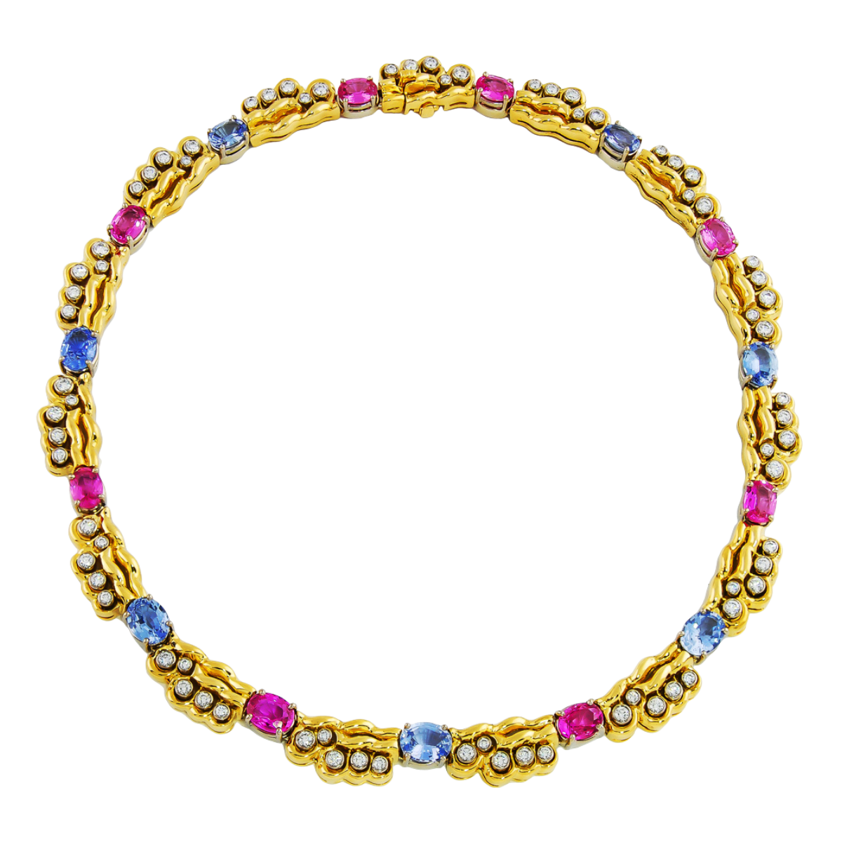 17817 Pastel Pink and Blue Double Flowing Lines Sapphire & Diamond Necklace Designed & Handmade by Kaufmann de Suisse in 18kt White and Yellow Gold featuring 8 Oval Pink Sapphires weighing a total