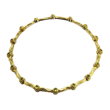 18222 Flowing Lines Peridot Necklace Designed & Handmade by Kaufmann de Suisse in 18kt Yellow Gold & Stainless Steel featuring 16 Oval & Bezel Set Peridot weighing a total of 5.00cts